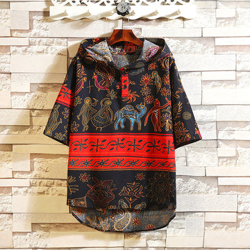 INCERUN Ethnic Style Printed T Shirt Men Hooded Vintage Half Sleeve Cotton Pullovers Chic Button Streetwear Mens T-shirts