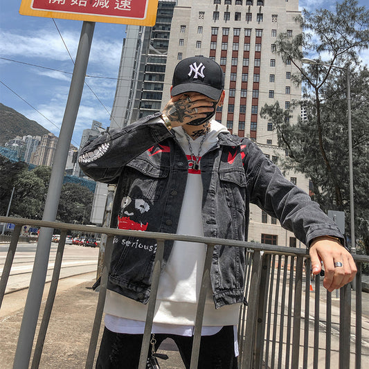 Graffiti printed denim jacket male Korean version of the trend of autumn students handsome loose wild jeans