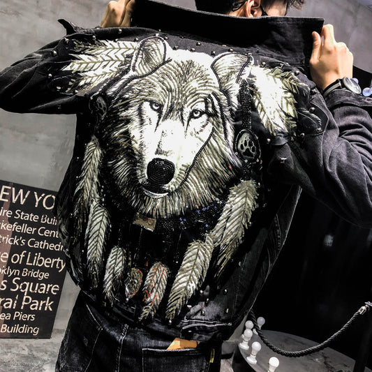 Boy Jeans Jacket Wolf Dog Embroidery Handsome Guy Slim Men's Jacket