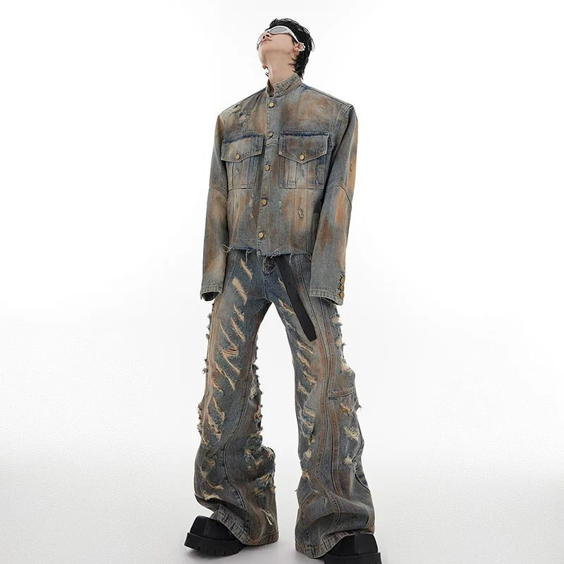 Damaged Denim Coat Distressed Jacket Slightly Flared Jeans