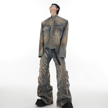 Damaged Denim Coat Distressed Jacket Slightly Flared Jeans
