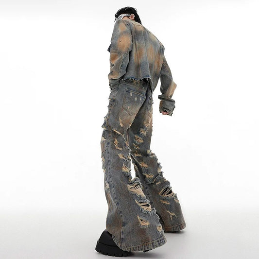 Damaged Denim Coat Distressed Jacket Slightly Flared Jeans